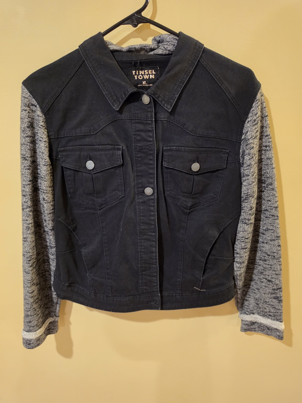 Tinseltown Black Denim Jacket with Gray Knit Sleeves